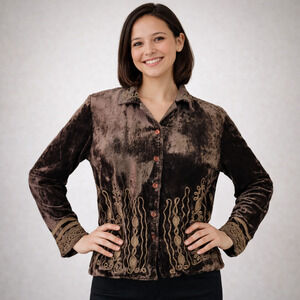 Coldwater Creek Velvet Jacket L Brown Brocade Trim Button Front Lined READ